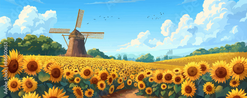 A radiant sunflower field stretching to the horizon under a clear blue sky. Vector flat minimalistic isolated illustration