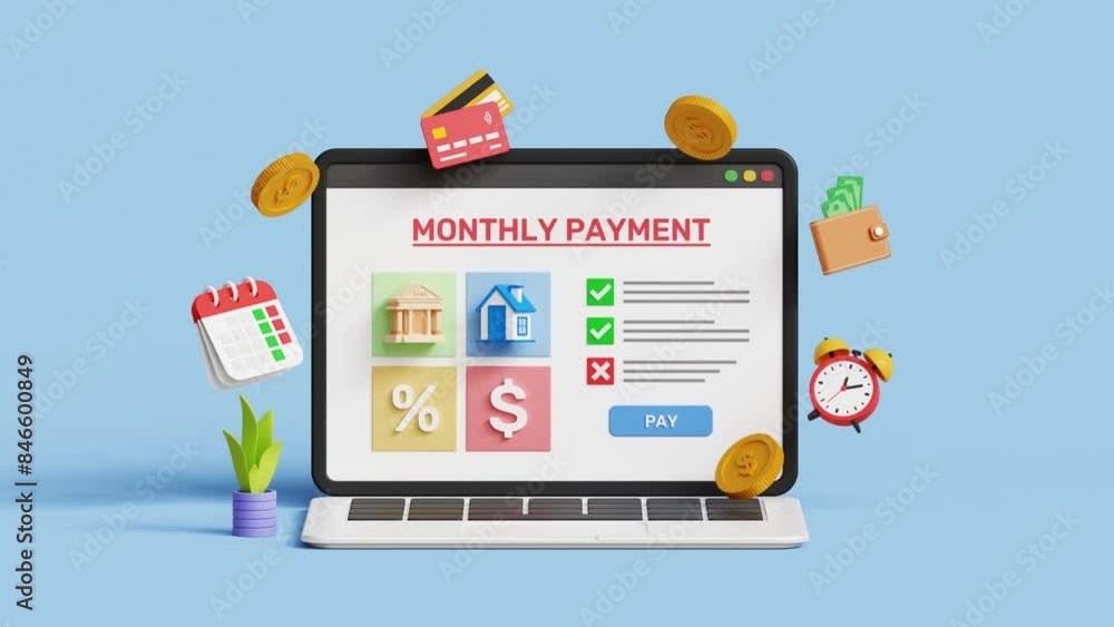 Membership subscription payment, loan, mortgage, tax, saving and expenses concept. Monthly payment date on a laptop on blue background. 4k 3d animation Membership subscription payment, loan, mortgage, tax, saving and expenses concept. Monthly payment date on a laptop on blue background. 4k 3d animation