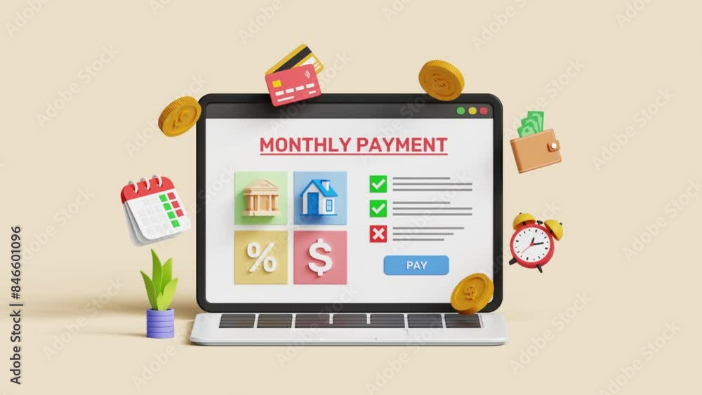 Membership subscription payment, loan, mortgage, tax, saving and expenses concept. Monthly payment date on a laptop. 4k 3d animation Membership subscription payment, loan, mortgage, tax, saving and expenses concept. Monthly payment date on a laptop. 4k 3d animation