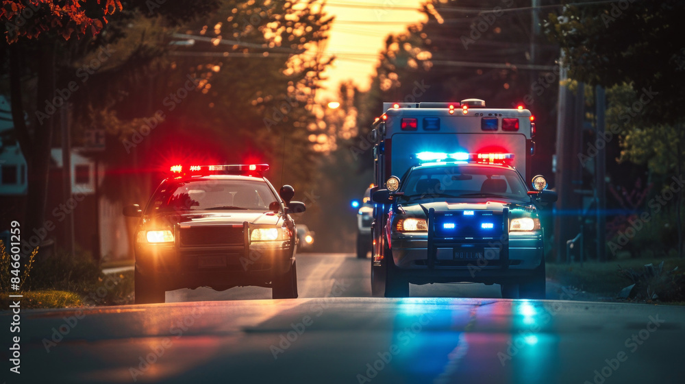Two police cars are driving down a street at night Two police cars are driving down a street at night