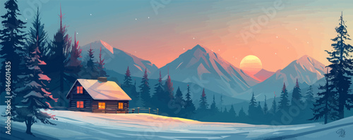 A cozy cabin in the mountains surrounded by pine trees. Vector flat minimalistic isolated illustration