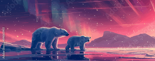 Icy tundra landscape with polar bears and aurora borealis. Vector flat minimalistic isolated illustration.