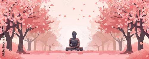Buddha statue surrounded by cherry blossom trees. Vector flat minimalistic isolated illustration.