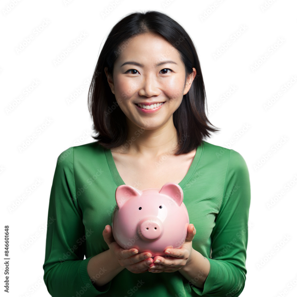 Happy woman holding piggy bank on transparent background Happy woman holding piggy bank on transparent background