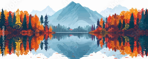 A serene mountain lake reflecting the colorful autumn foliage of surrounding trees. Vector flat minimalistic isolated