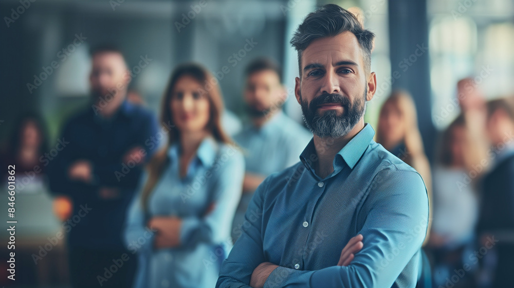 Confident mature caucasian businessman with beard in a suit standing with arms crossed with a blurred team of professionals in the background. Modern office setting with glass walls and natural light. Confident mature caucasian businessman with beard in a suit standing with arms crossed with a blurred team of professionals in the background. Modern office setting with glass walls and natural light.