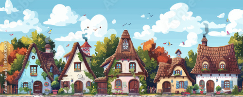 A whimsical fairy tale village with thatched cottages and cobblestone streets. Vector flat minimalistic isolated illustration.