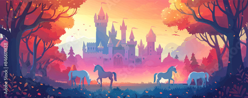 A mystical castle surrounded by a magical forest with unicorns grazing nearby. Vector flat minimalistic isolated illustration.