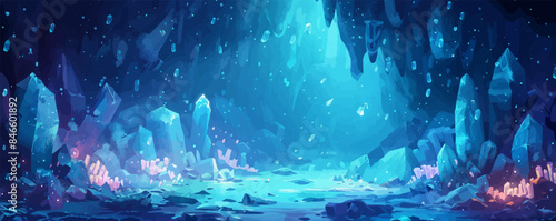 A mystical underwater cave with glowing crystals and schools of fish. Vector flat minimalistic isolated illustration.