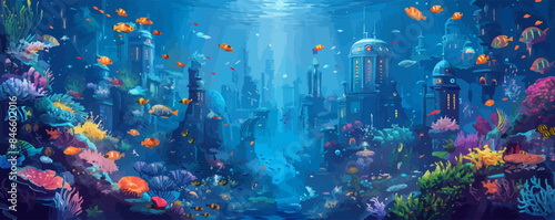 A mystical underwater garden with colorful coral and seahorses. Vector flat minimalistic isolated illustration