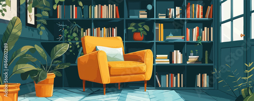 Cozy reading nook with a comfy armchair. Vector flat minimalistic isolated illustration.