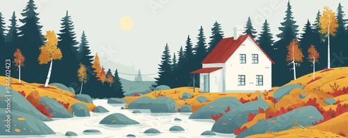 A quaint cottage nestled beside a bubbling brook in the forest. Vector flat minimalistic isolated illustration.