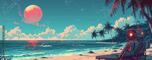 Tropical beach scene with palm trees and lounge chairs Futuristic cyborg with mechanical enhancements and glowing eyes Vector flat minimalistic isolated illustration