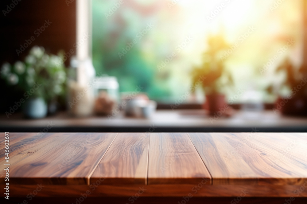 Blurred kitchen background with wooden table top, suitable for product display or design layout. Blurred kitchen background with wooden table top, suitable for product display or design layout.