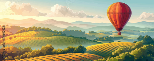 A hot air balloon floating over a picturesque landscape of vineyards and rolling hills on a white background. Vector flat minimalistic isolated illustration.