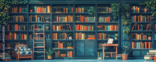 Vintage bookstore with shelves of books. Vector flat minimalistic isolated