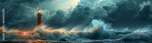 Lighthouse standing tall against crashing waves, stormy weather, dark clouds, dramatic and aweinspiring, beacon of hope and resilience