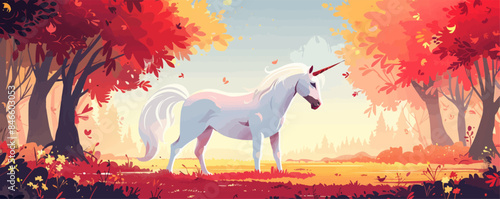 Magical unicorn prancing in a field of flowers. Vector flat minimalistic isolated