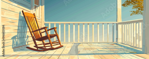 A classic wooden rocking chair on a porch. Vector flat minimalistic isolated