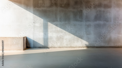 Empty room in grunge style used concrete walls and floor with interesting reflection from window. Interior environment background for presentation. Generative AI