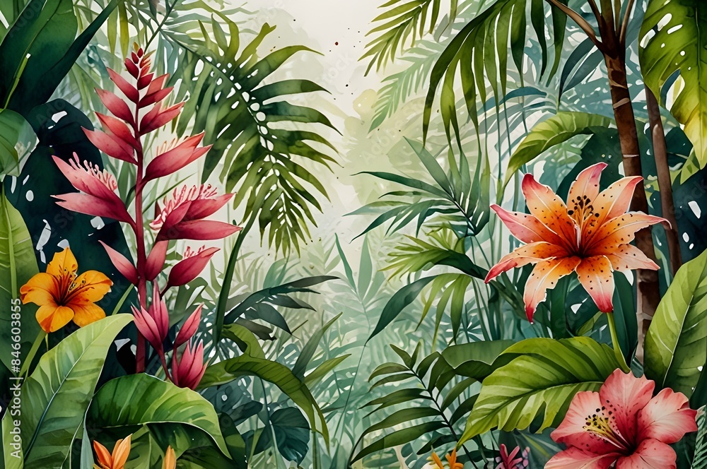 Naklejka premium Leaves and flowers of tropical trees.