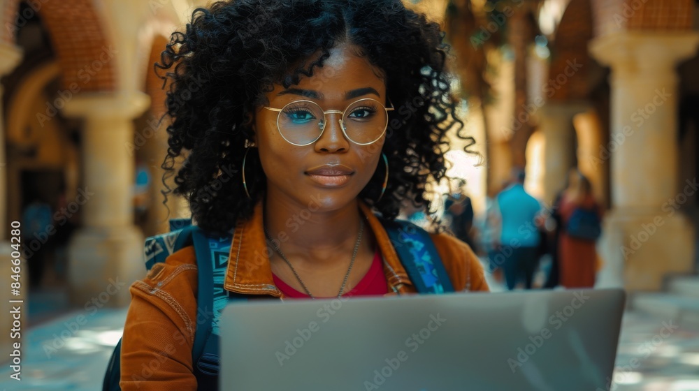 Young African American Woman Working on Laptop in Busy Urban Setting. Generative ai Young African American Woman Working on Laptop in Busy Urban Setting. Generative ai