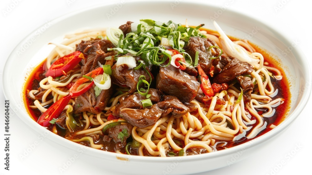 spaghetti meat with vegetables on a white background