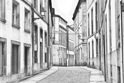 Cobbled street with ancient facades on the pilgrimage route in Santiago de Compostela