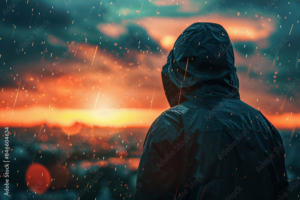 AI generated picture of young man walking alone on rainy street at night AI generated picture of young man walking alone on rainy street at night