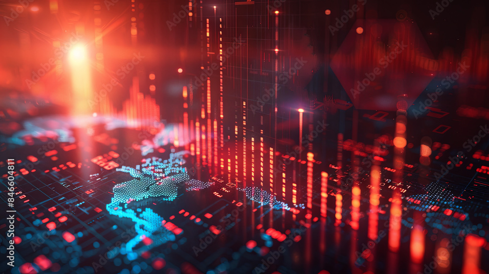 Fototapeta premium Illustration of global trading market fluctuations. Abstract business chart displaying a downtrend line and bar graph, enhanced by a multi-exposure effect with lens flare