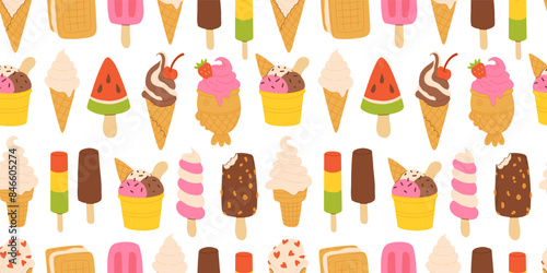 Ice cream seamless pattern. Yummy street food, confectionery snacks. Cone waffle with filling, icecream balls in cup, ice-cream in cone. Flat vector cartoon background isolated on white background