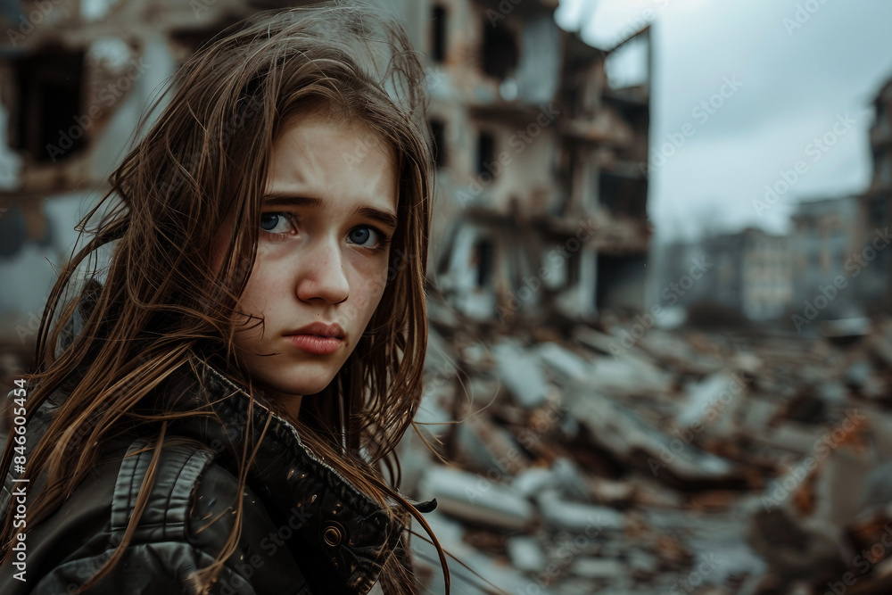 Generative AI illustration of miserable people in damaged city house ruins suffering from loneliness war Generative AI illustration of miserable people in damaged city house ruins suffering from loneliness war