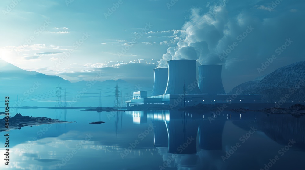 Fototapeta premium The nuclear power plant, a pinnacle of technical prowess, generates electricity through nuclear reactions, utilizing steam-driven turbines for efficient energy production