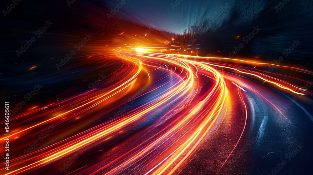 Obraz premium Street lamp. Curving streak of light. Rapidly moving vehicle. Extended yellow and red trail. Illuminated road surface. Motion blur. Glistening stream