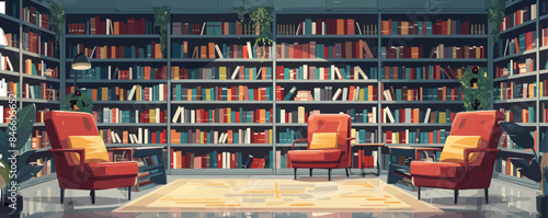Modern bookstore interior with shelves of books and cozy reading nooks Vector flat minimalistic isolated