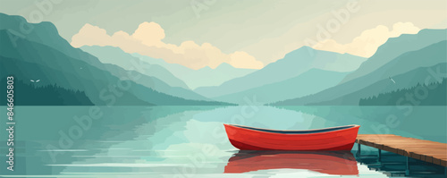 Serene lakeside dock with a rowboat. Vector flat minimalistic isolated