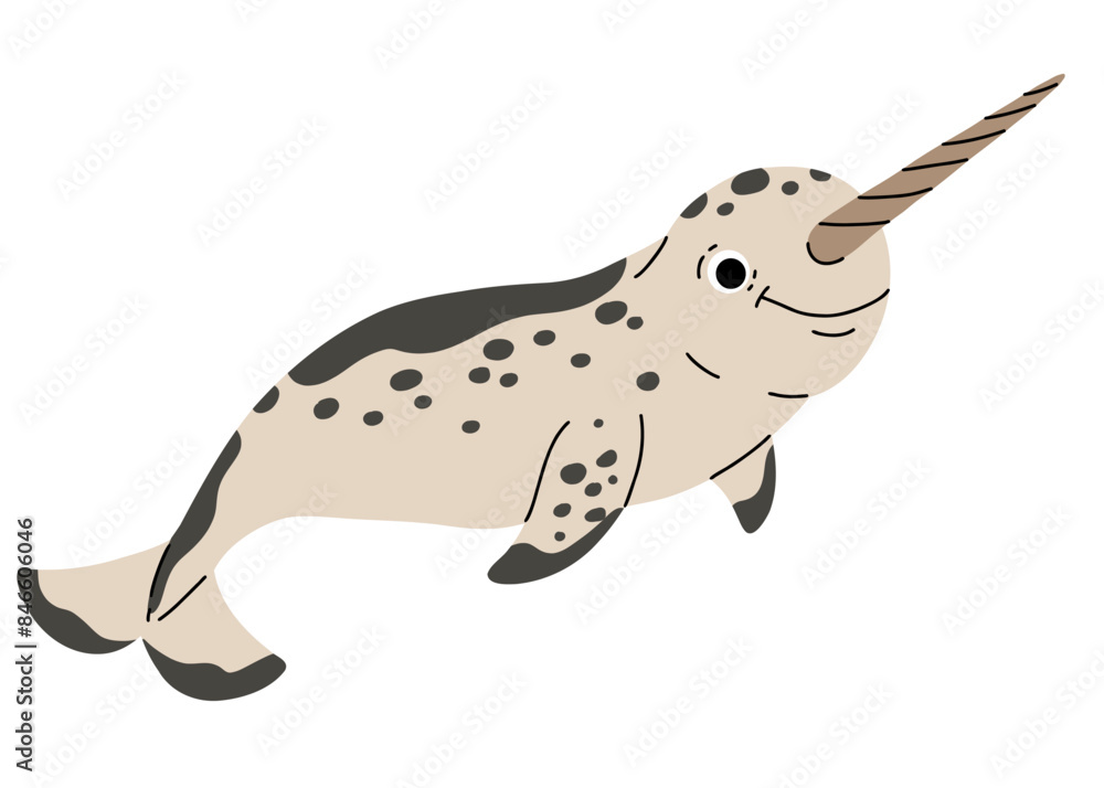 Obraz premium Vector cartoon illustrations of narwhal on a white background. Flat cute icon of horned whale. Underwater world, ocean, underwater inhabitants.