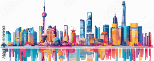 Vibrant city skyline with modern skyscrapers Vector flat minimalistic isolated