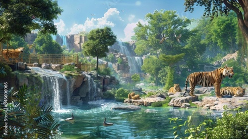 A lush green forest with a waterfall and a tiger walking through it