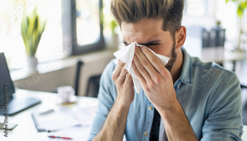 A man at a table wipes his nose with a napkin. Keywords mouth, beard, gesture, finger, ear