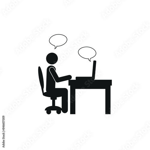 pictogram of the figure of a person sitting at a desk, online interview, distance learning, communication, conference, flat vector illustration