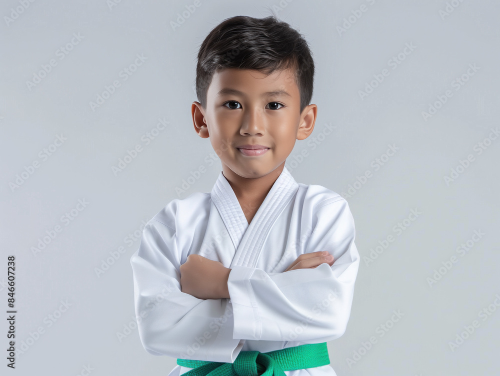 Thai Asian school boy in taekwondo uniform with green belt displays emotional martial arts prowess in portrait. Thai Asian school boy in taekwondo uniform with green belt displays emotional martial arts prowess in portrait.
