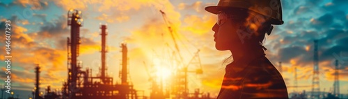 Silhouette of an engineer wearing a hard hat, with a double exposure of an industrial refinery at sunset, symbolizing industrial growth and human involvement