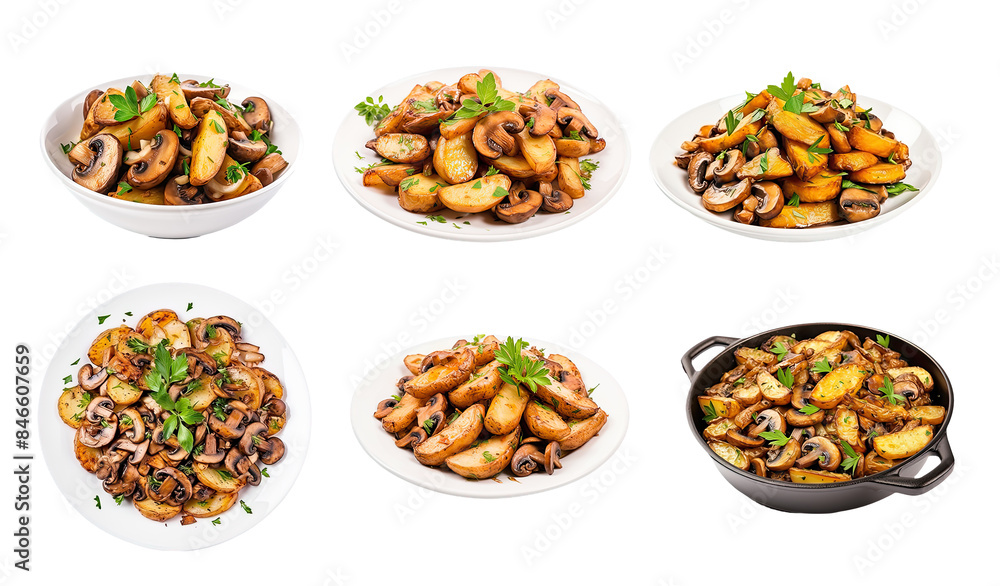 set of fried potato chips and mushrooms set of fried potato chips and mushrooms