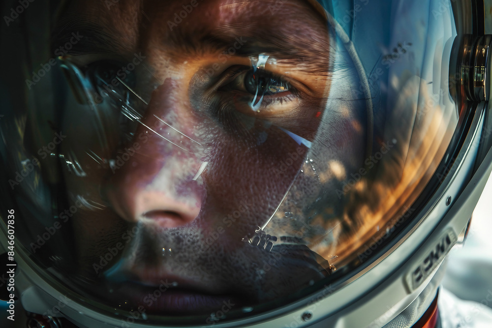 Closeup Generative AI picture of astronaut male female floating through space galaxy planet moon stars Closeup Generative AI picture of astronaut male female floating through space galaxy planet moon stars