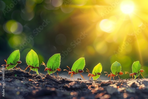 Close-Up of Ants Carrying Leaves for Nest Building - Teamwork Concept