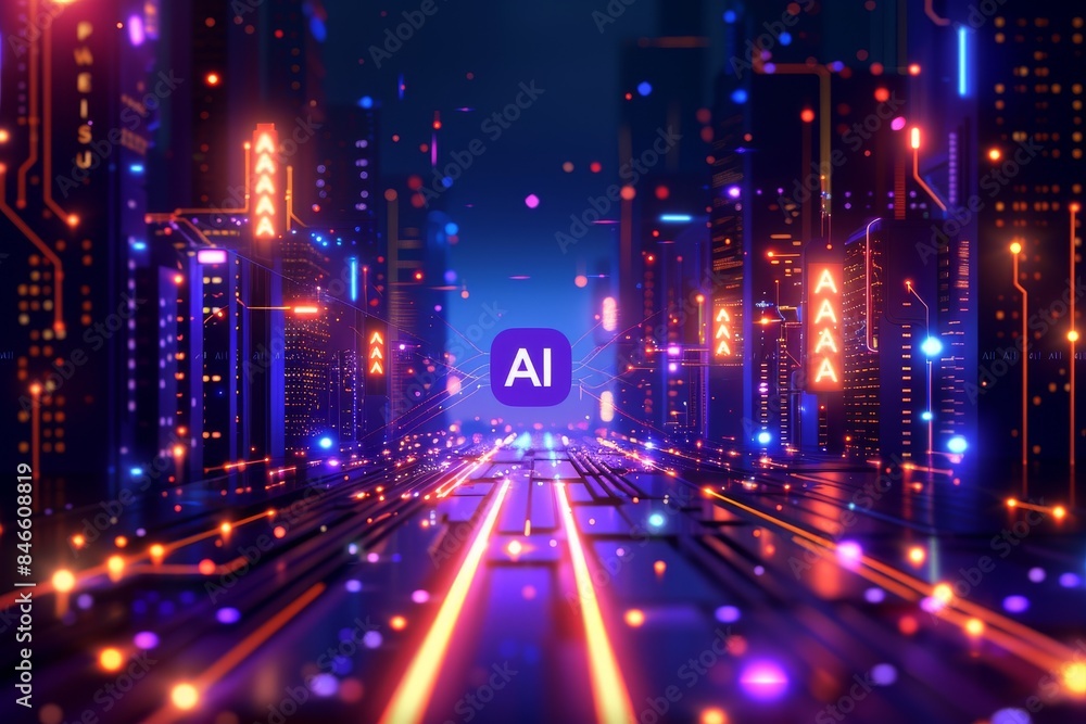 Fototapeta premium Futuristic AI cityscape with neon lights, symbolizing advanced technology, digital innovation, and artificial intelligence in a high tech urban environment