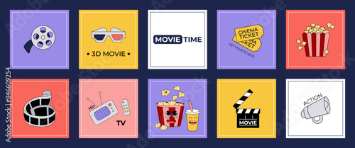 Set of groovy cinema cards, posters. Movie covers with cartoon popcorn character, mascot retro elements for print design, social media, background illustration. Vector