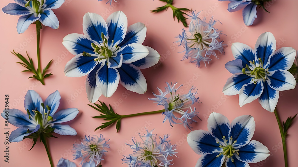 Unique Nigella damascena flowers arranged creatively on a pink background, showcasing their intricate patterns Unique Nigella damascena flowers arranged creatively on a pink background, showcasing their intricate patterns
