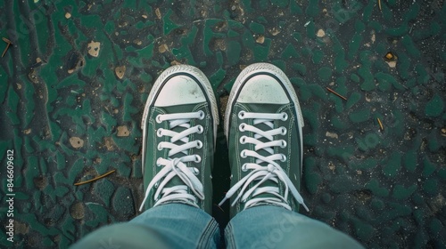 A downward view of a person's feet in white and green sneakers standing on a textured pavement with small puddles © Vuk